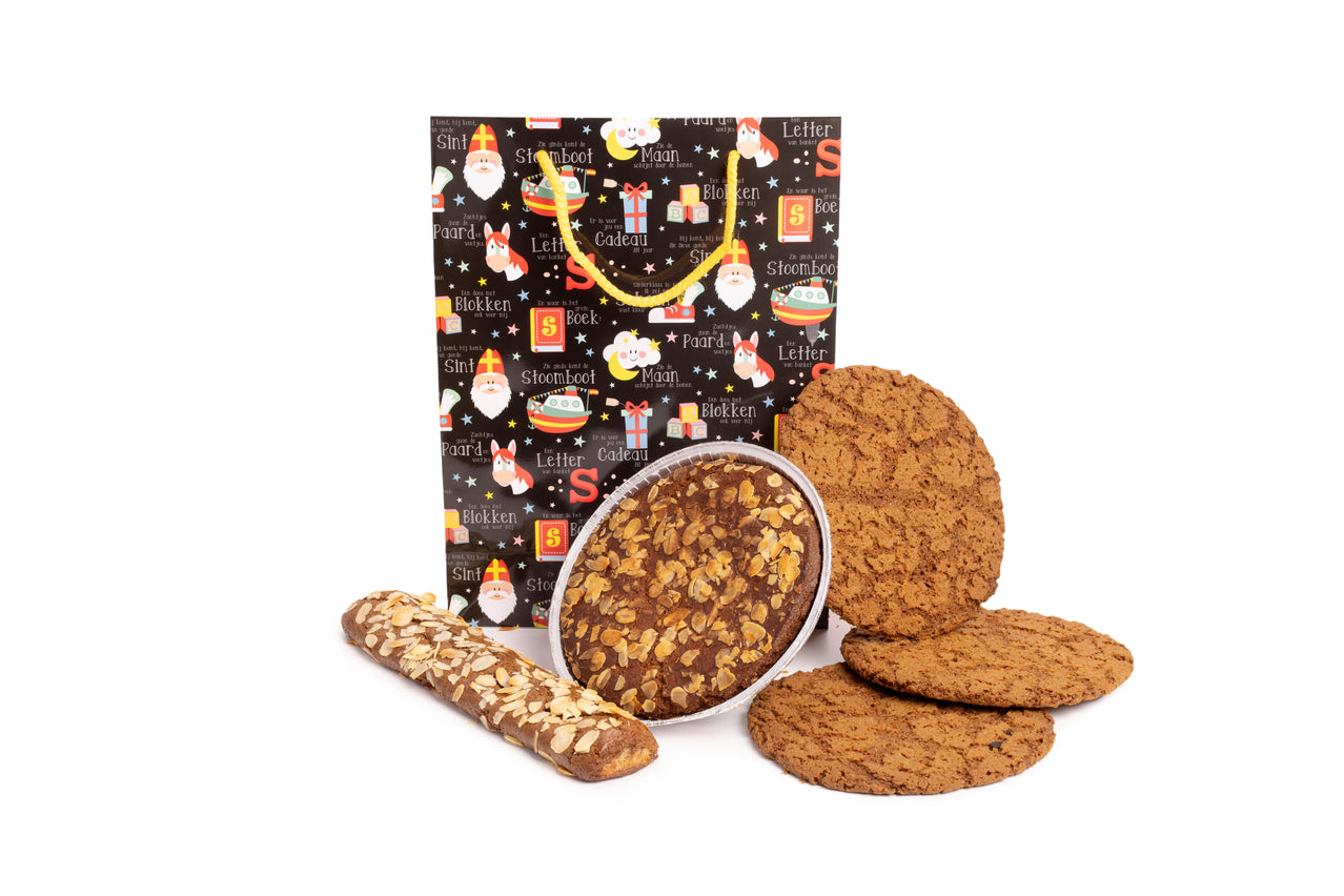 Gevulde Sinttas met speculaasstaaf, speculaastaart & speculaasbrokken